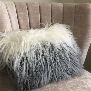 Cream and gray shaggy decorative pillow
